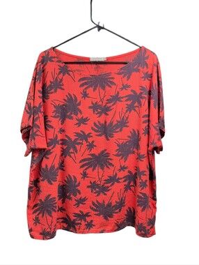 Stella Martini Linen Women's Red Palm Print Relaxed Top Plus Size 3X